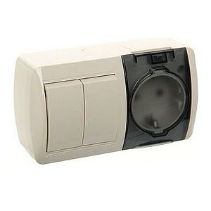 Переключатель горизонтальный 2 - клавиши и розетка с заземлением с крышкой , кремовый 710-0300-171