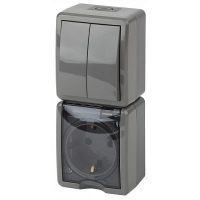 Блок выключатель вертикальный ОП 2 клавиши +  розетка , серый IP54 11-7408-03 Era 