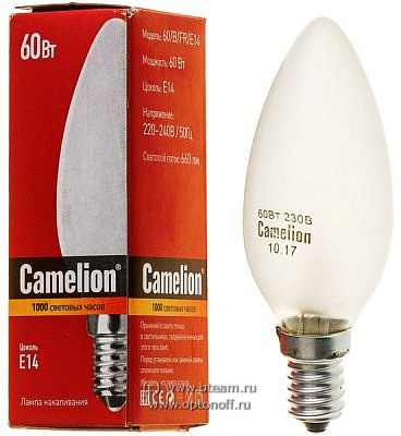 Е14 60вт свеча матовая лампа накаливания Камелион 9866