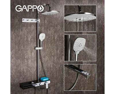 Душевая система Gappo G2468 с полкой и крючками, чёрный/белый/хром.