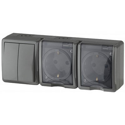 Блок выключатель ОП двойная розетка + 2 клавиши , серый IP54 11-7404-03 Era 