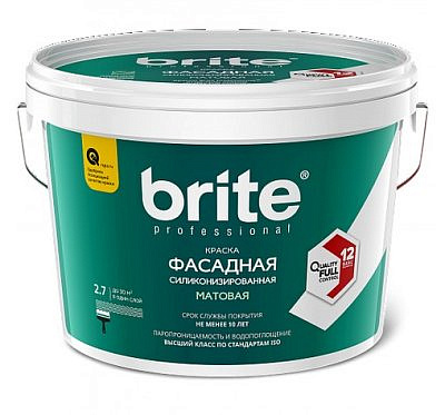 Краска в/д BRITE PROFESSIONAL фасадная силиконизированная Белая матовая, База А, 2,7л