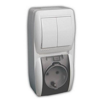 Переключатель вертикальный 2 - клавиши и розетка с заземлением с крышкой , белый 710-0200-173 