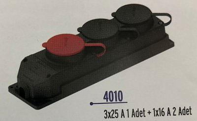 Колодка каучуковая NE-AD ОУ 3 гнезда с заземлением и крышкой 2*16А 2P+PE 250в + 25А 380в 3P+E(N) IP44  4010