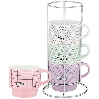 НАБОР ИЗ 4 КРУЖЕК НА МЕТАЛЛИЧЕСКОЙ ПОДСТАВКЕ LEFARD "BREAK TIME" 210 МЛ ОТТЕНКИ (КОР=8НАБ.)