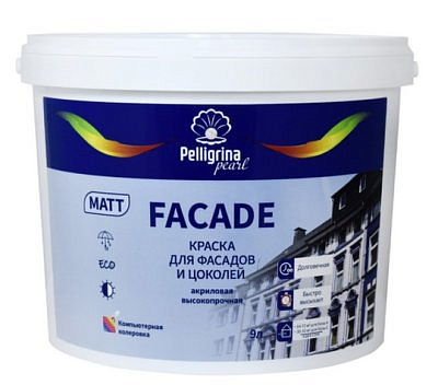 Краска в/д "FACADE" акриловая  для фасадов и цоколей База А 9л "ПЕЛЛИГРИНА ЖЕМЧУГ"