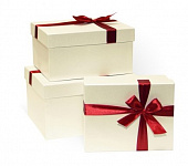 Коробка подарочная с бантом бумага тисненая 230x190x130 белый-красная лента (230х190х130, тисненая бумага, белый, лента красная)