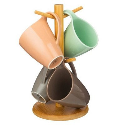 НАБОР ИЗ 4 КРУЖЕК BRONCO "MEADOW" НА ДЕРЕВ ПОДСТАВКЕ 380мл 474-166