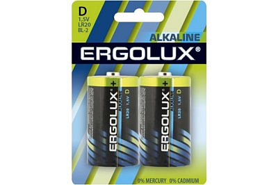 Элемент питания Ergolux 1.5В LR20 Alkaline BL-2 11752