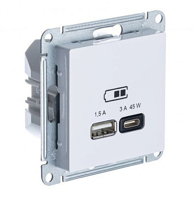 Механизм розетки СУ 1 место 2хUSB белый A+C 45Вт l=1,5-2,25А Uв=5В выс зарATN000129